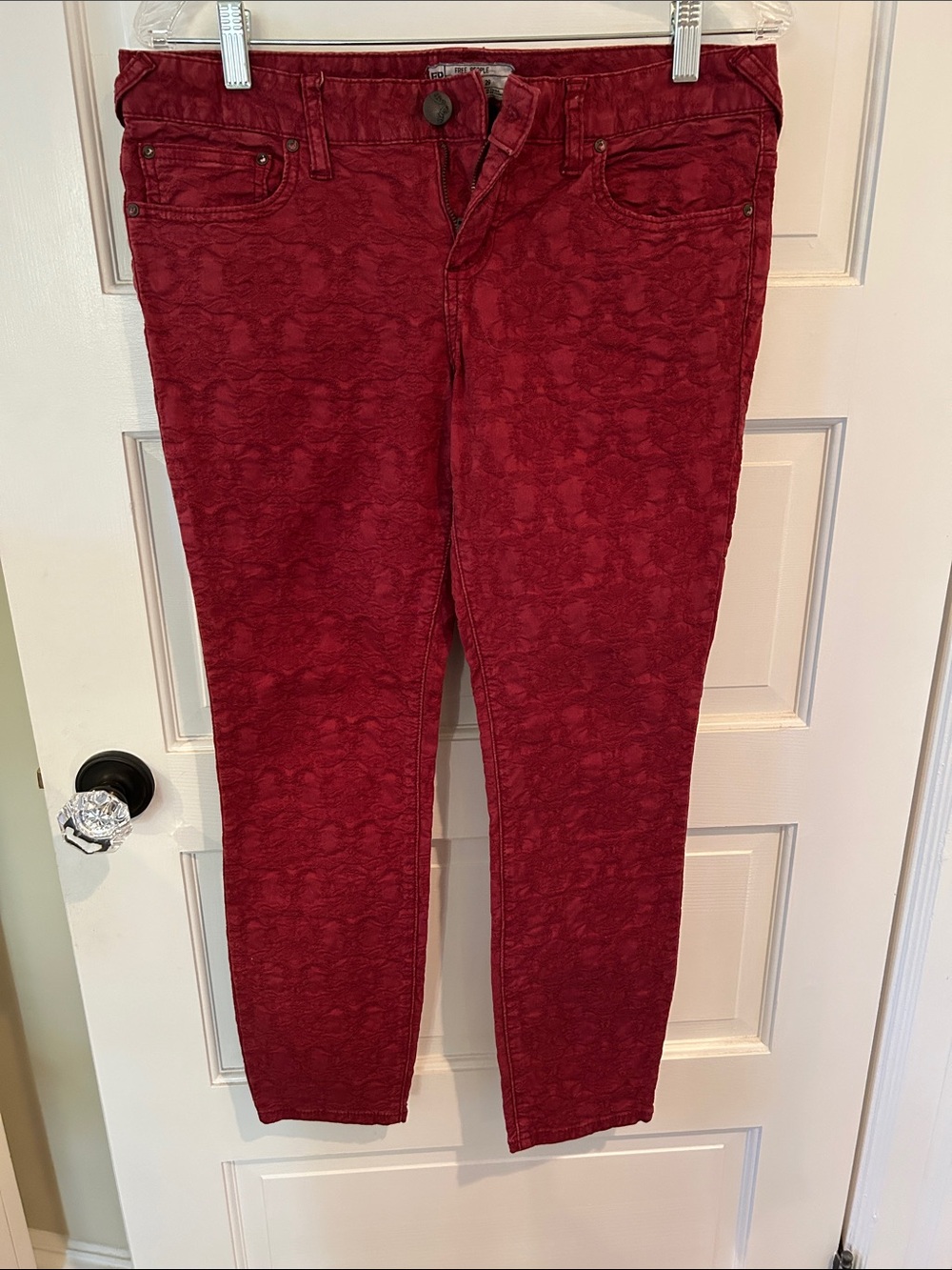 Free People Women's Burgundy red Patterned Skinny Jeans